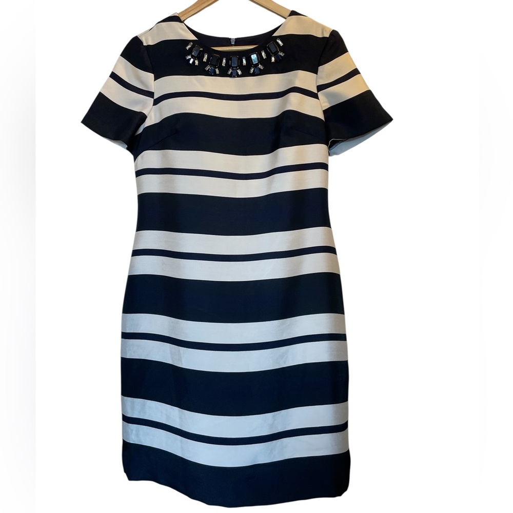 VINCE CAMUTO Navy Blue/Ivory Striped Crystal Embellished Short Sleeve Dress Sz 8